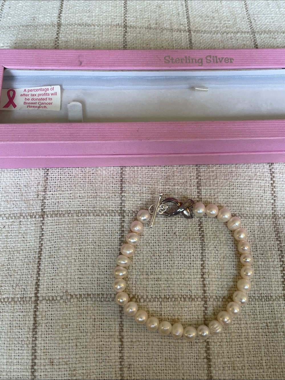 Sterling Silver Pearl Breast Cancer Bracelet